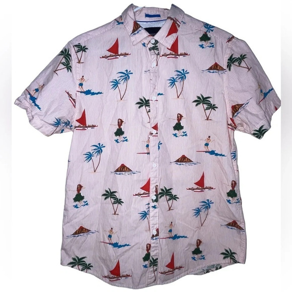 Denim & Flower Ricky Singh Hawaiian Short Sleeve Shirt Men’s Size Medium Hula - Picture 1 of 7